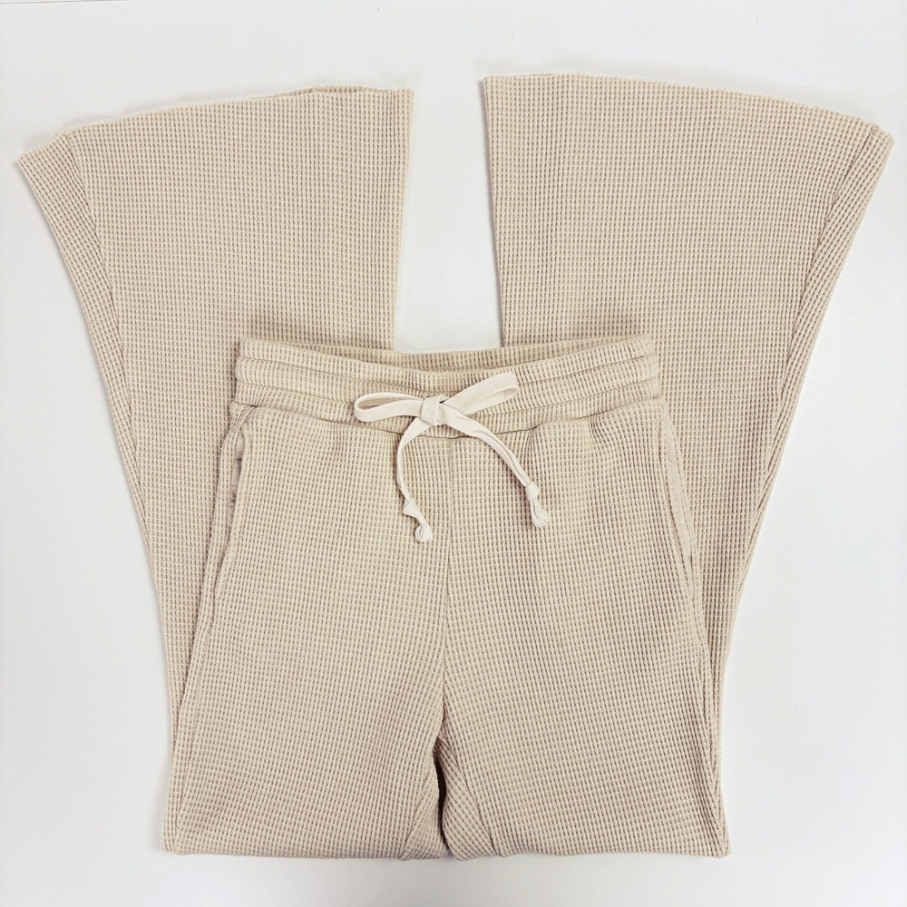 American Eagle Waffle Knit High-Waisted Flare Pants Cream S Lounge‎ Drawstring